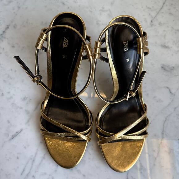 Zara Metallic Gold Strappy Heels Glam Night Out Size 39 4.5" Heel - Picture 4 of 14